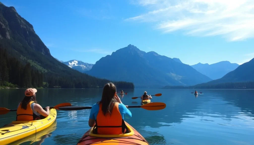 An image of people kayaking on Mirror Lake with the surrounding mountains in the background.