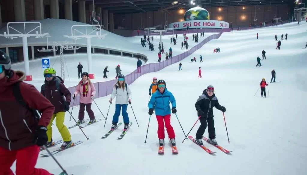 An image of people skiing down a slope at Ski Dubai