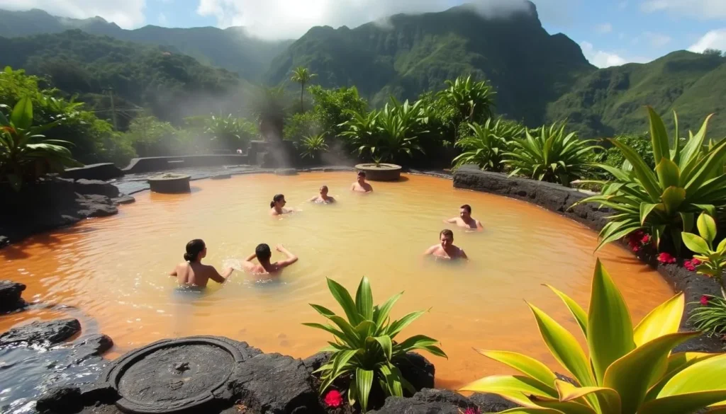 An image of people soaking in the warm, mineral-rich waters of Soufriere's sulfur springs surrounded by lush greenery.
