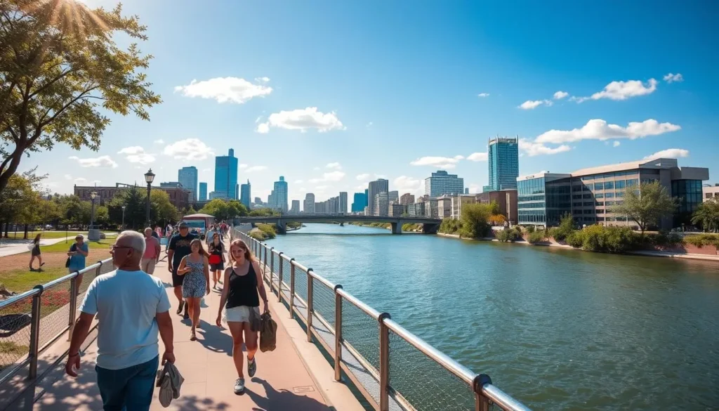 An image of people strolling along the Waco Riverwalk on a sunny day, with the Brazos River and downtown Waco in the background.