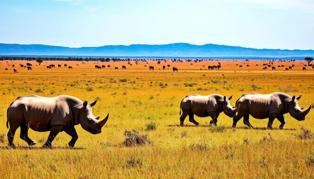 An image of rhinos roaming freely in a savannah-like environment.