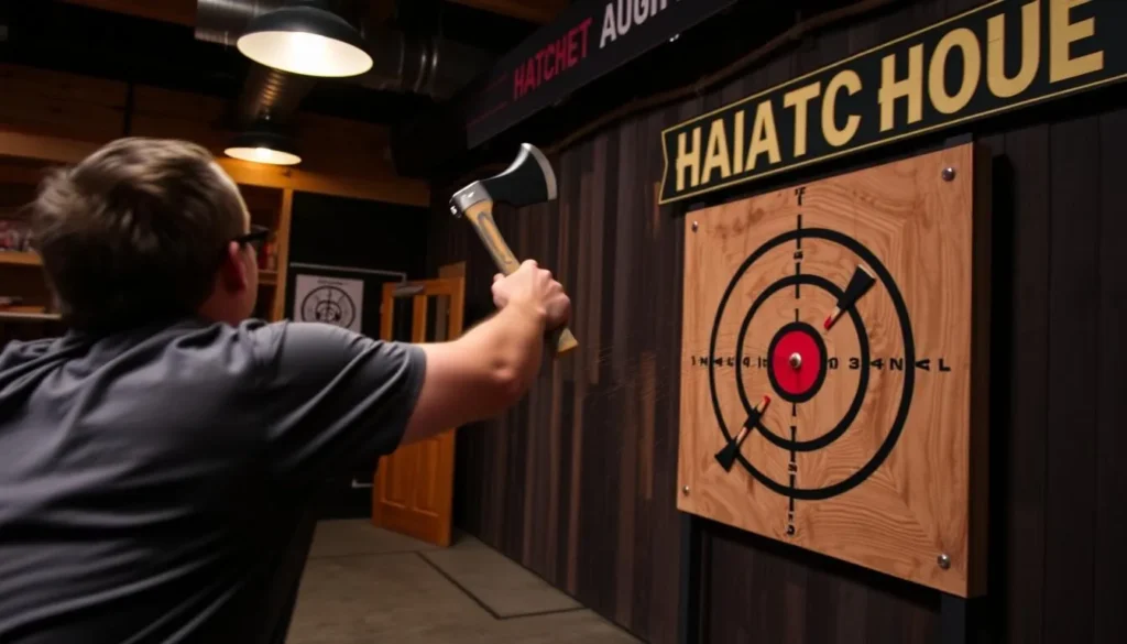 An image of someone throwing an axe at a target at Hatchet House in Augusta, Maine.
