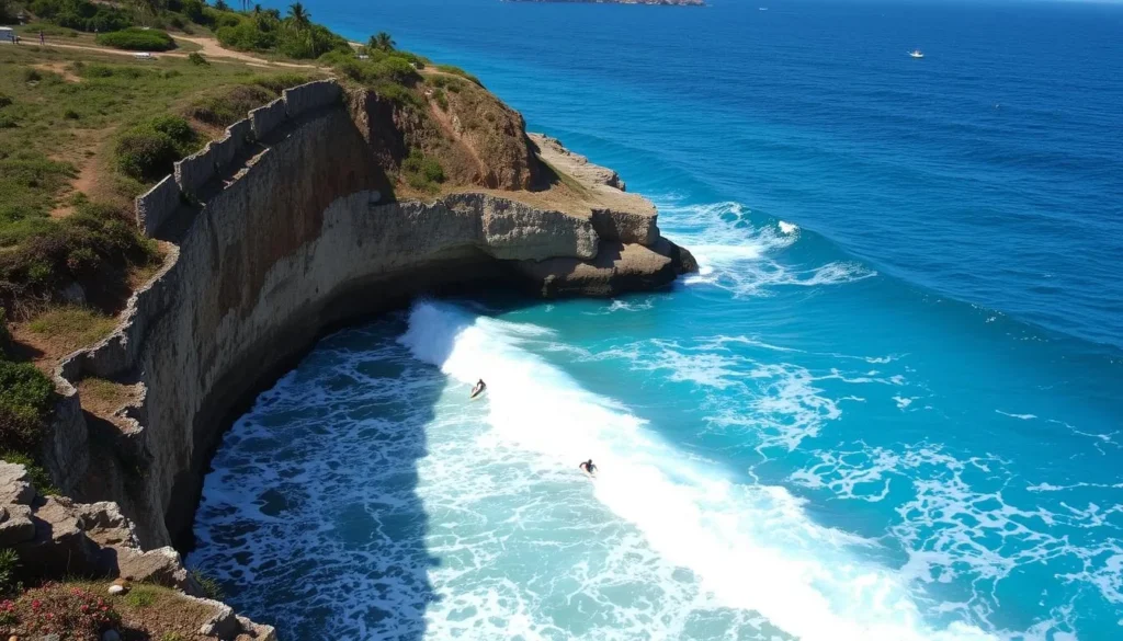 An image of surfers riding the waves at the Soup Bowl in Bathsheba, Barbados.