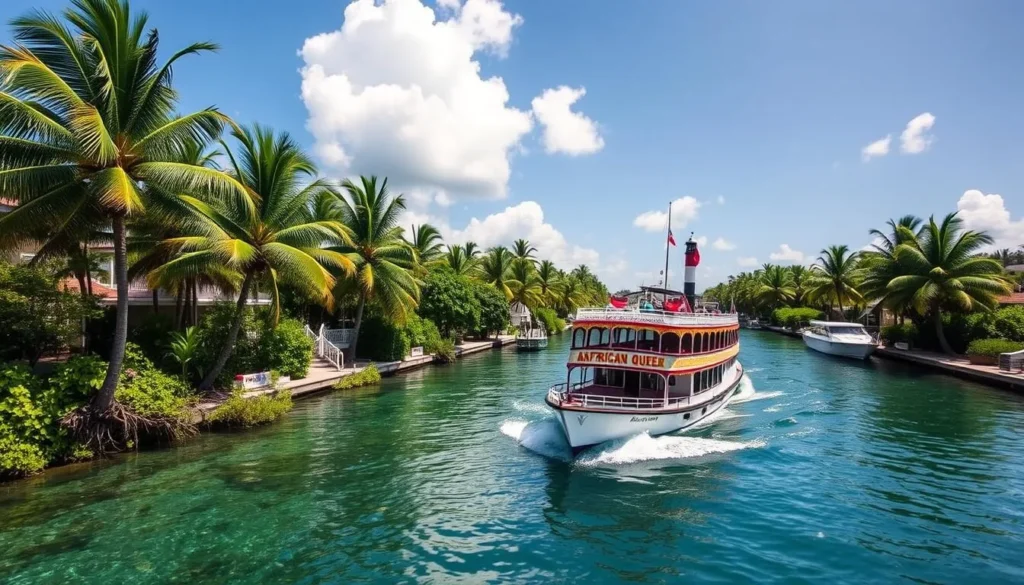 An image of the African Queen boat sailing through the canals of Key Largo