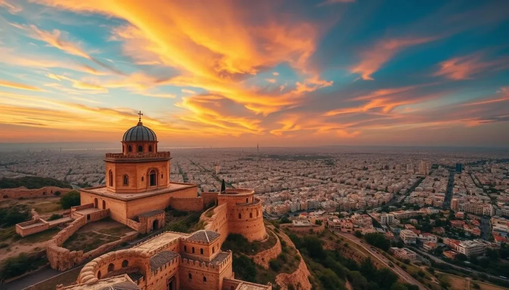 An image of the Amman Citadel at sunset, with the city of Amman sprawling in the background.