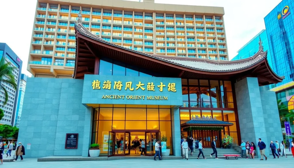 An image of the Ancient Orient Museum's exterior, showcasing its modern architecture amidst the bustling Sunshine City complex.