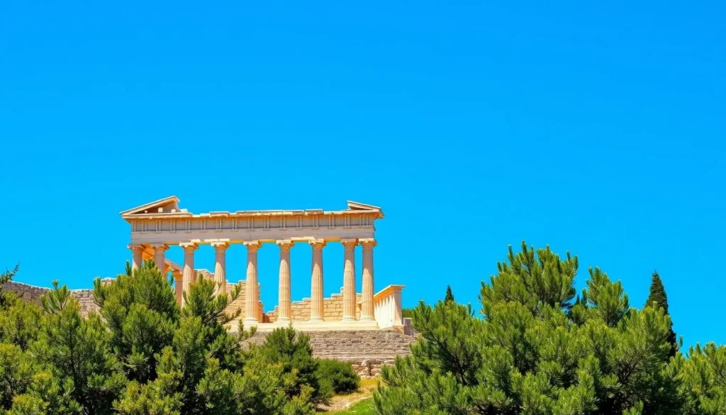 An image of the Ancient Theatre of Epidaurus with a clear blue sky and lush greenery surrounding it.