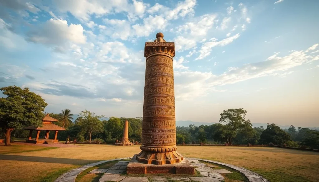 An image of the Ashoka Pillar in Lumbini, Nepal, with its intricate Brahmi script engraved on it.