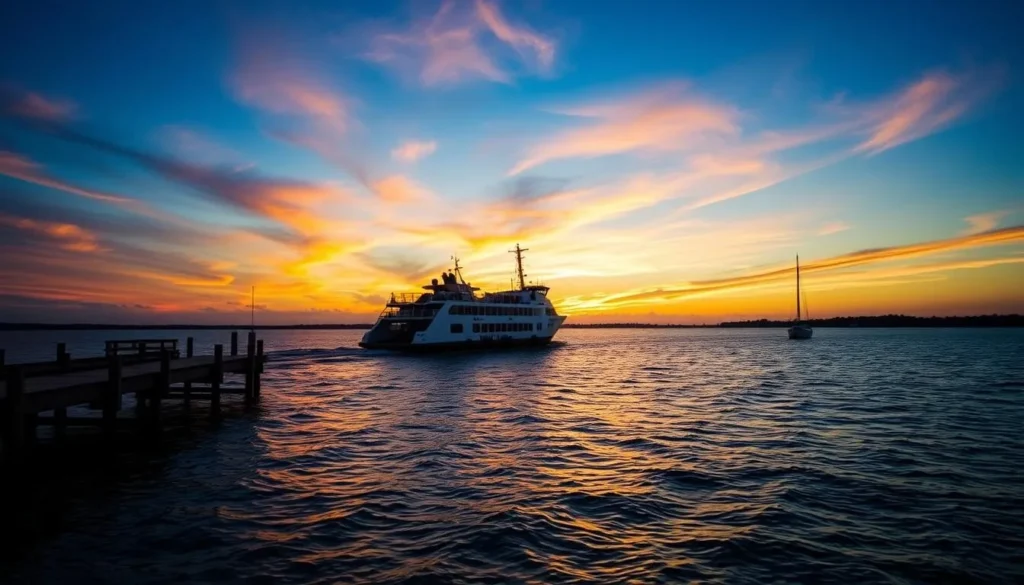 An image of the Bald Head Island ferry approaching the dock