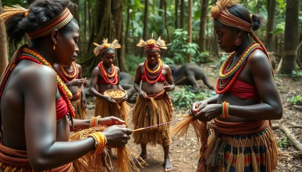 An image of the Batwa people engaging in a traditional dance or craft, showcasing their forest-dwelling culture.