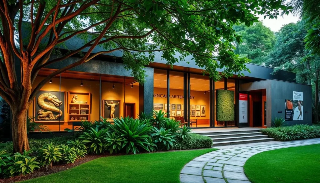 An image of the BenCab Museum's exterior, surrounded by lush greenery and featuring some of BenCab's notable works.