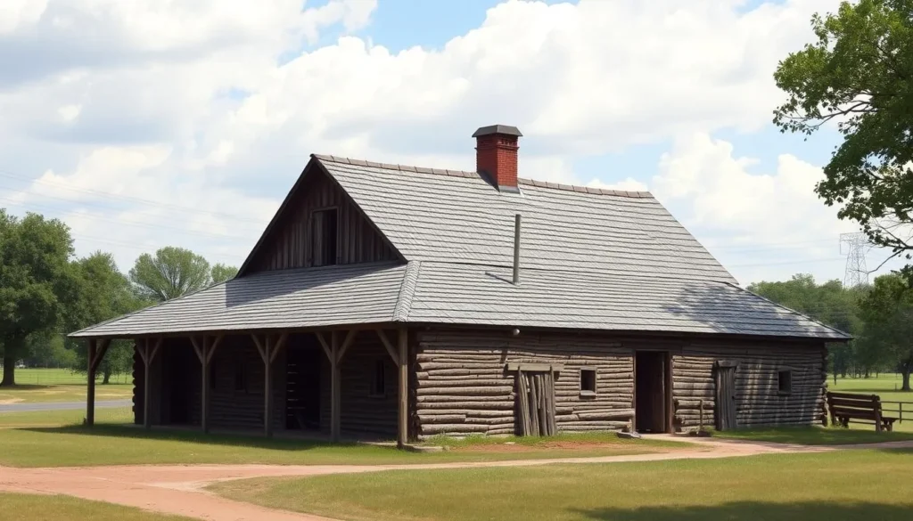 An image of the Booker T. Washington National Monument's historic tobacco barn and slave quarters.