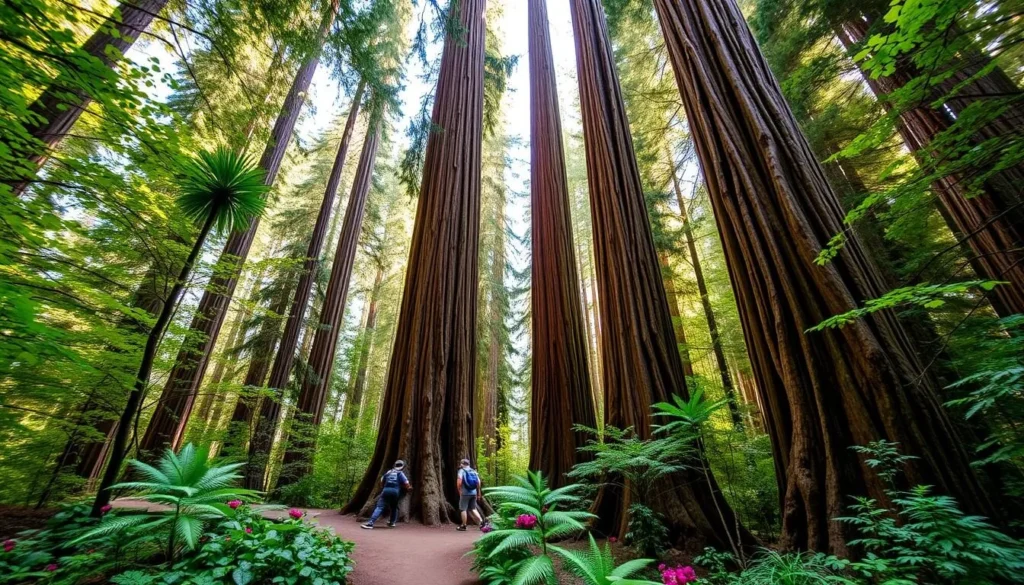 An image of the Boy Scout Tree Trail in Jedediah Smith Redwoods State Park, showcasing the towering redwoods and lush undergrowth.