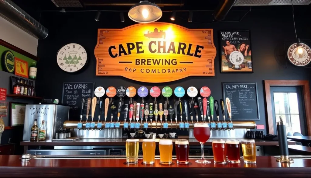 An image of the Cape Charles Brewing Company's taproom with a selection of their beers.