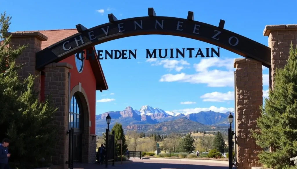 An image of the Cheyenne Mountain Zoo's entrance with a scenic view of Colorado Springs in the background. An image of the Cheyenne Mountain Zoo's entrance with a scenic view of Colorado Springs in the background.