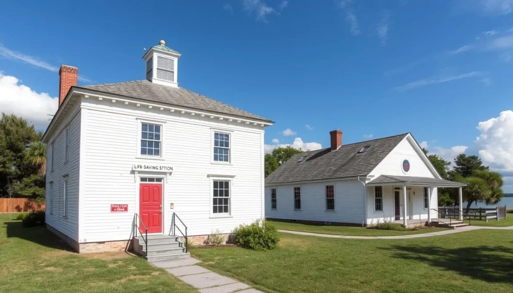An image of the Chicamacomico Life-Saving Station historic buildings.