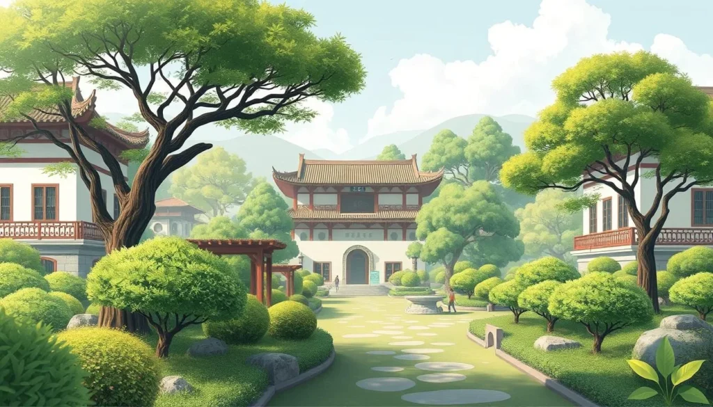 An image of the China National Tea Museum's serene garden-like setting with tea trees and traditional Chinese architecture.
