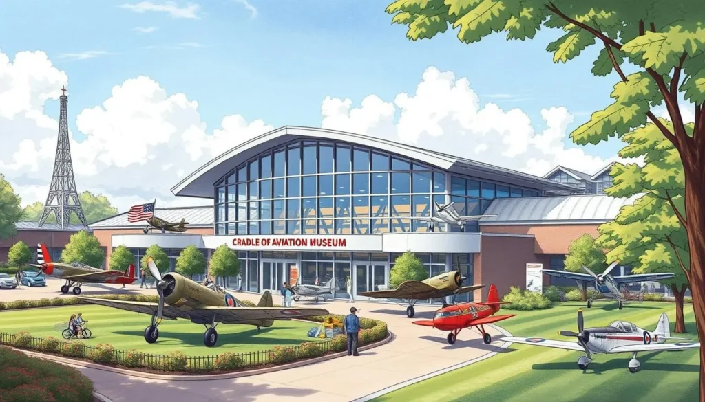 An image of the Cradle of Aviation Museum in Garden City, showcasing its historic aircraft on display.