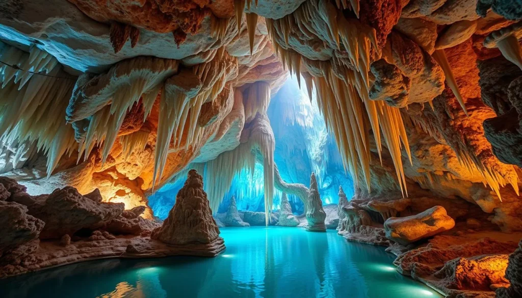 An image of the Crystal & Fantasy Caves with crystal-clear underground pools and stunning stalactites and stalagmites.