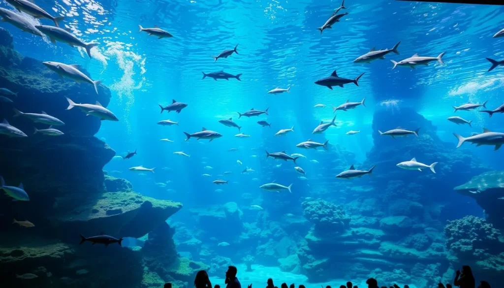 An image of the Dallas World Aquarium's main exhibit featuring marine life and animals.