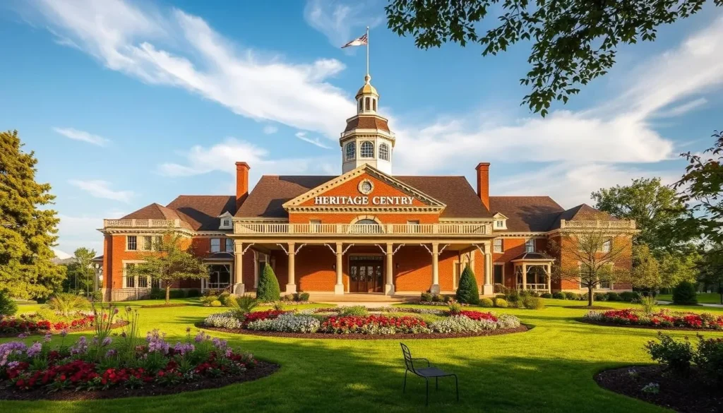 An image of the Des Moines County Heritage Center, showcasing its historic building and surrounding gardens.