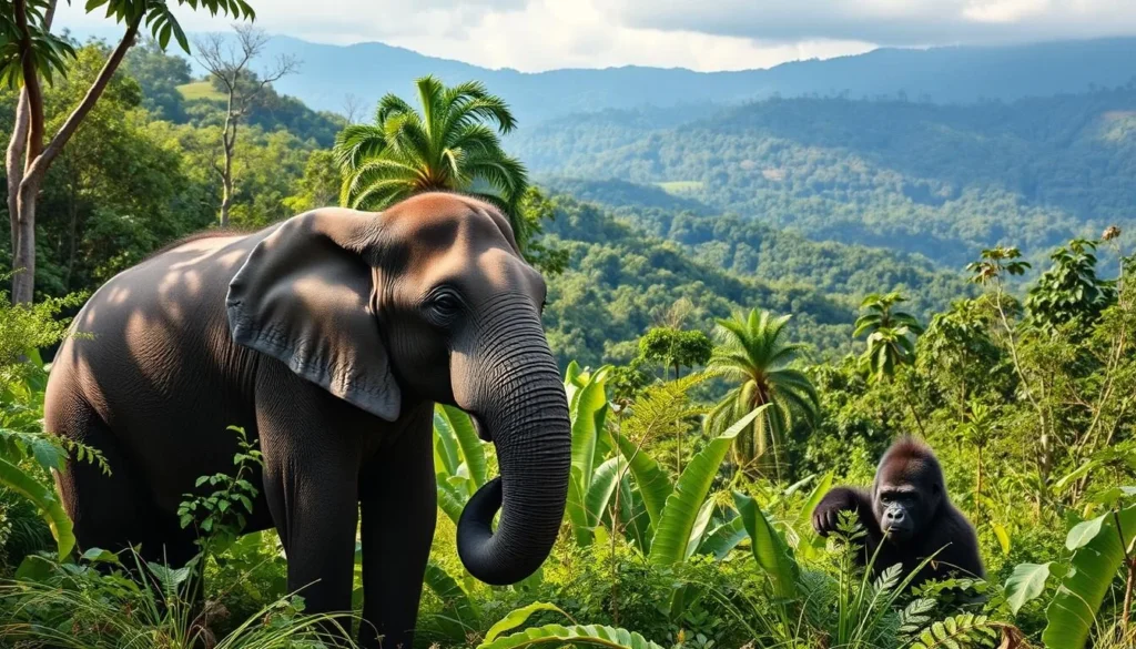 An image of the Dja Faunal Reserve, showcasing its pristine rainforest and diverse wildlife, such as forest elephants and gorillas.