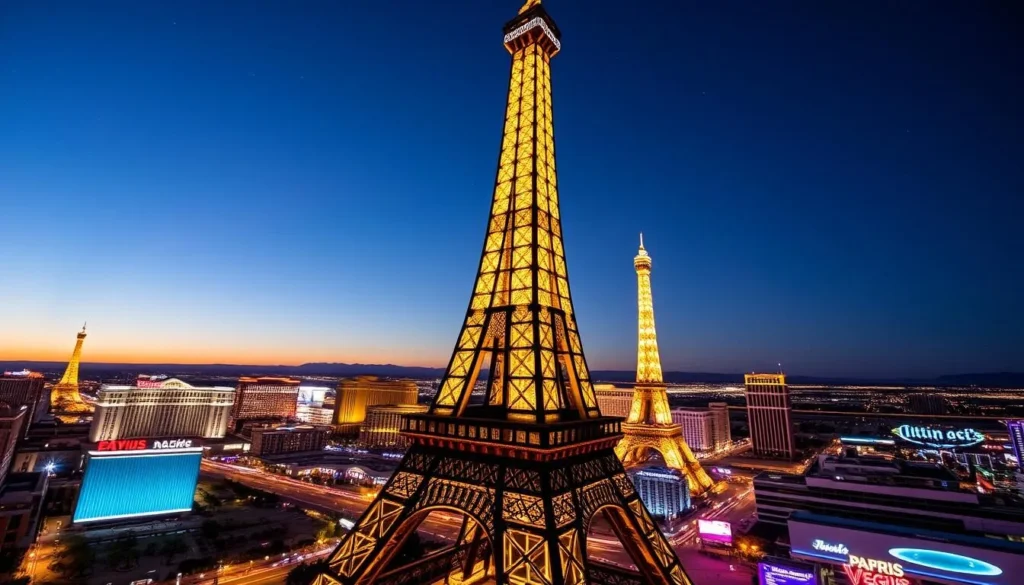An image of the Eiffel Tower at Paris Las Vegas, with the Las Vegas Strip visible from its observation deck at night.