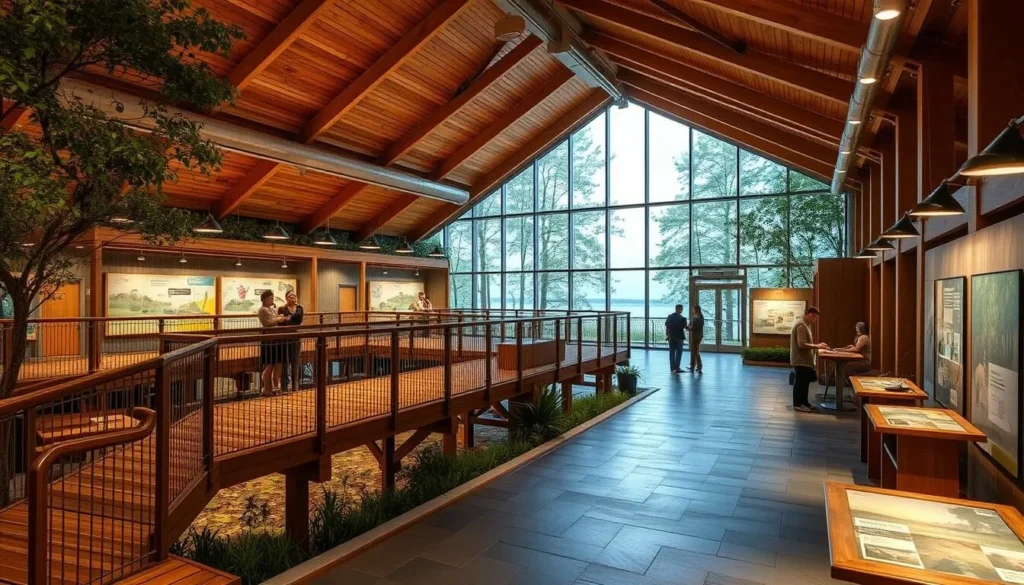 An image of the Environmental Learning Center, featuring its elevated boardwalks and interactive exhibits.