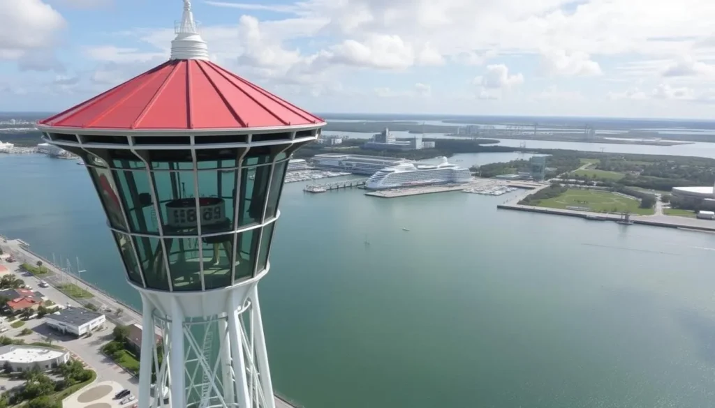 An image of the Exploration Tower at Port Canaveral, highlighting its panoramic views of the surrounding area.