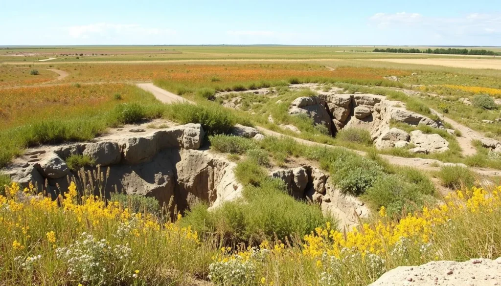 An image of the Fossil & Prairie Park Preserve's unique fossil beds and surrounding prairie ecosystem.
