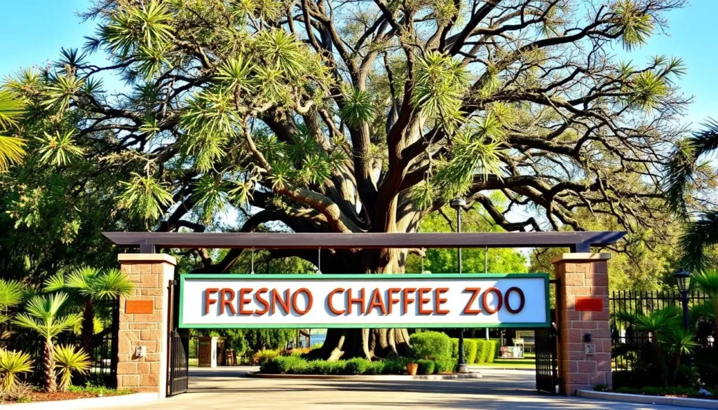 An image of the Fresno Chaffee Zoo entrance with a sign and a large tree in the background.