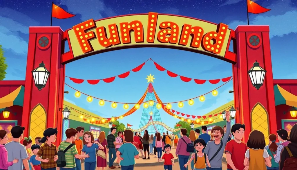 An image of the Funland entrance with its iconic signage and a bustling crowd of families.