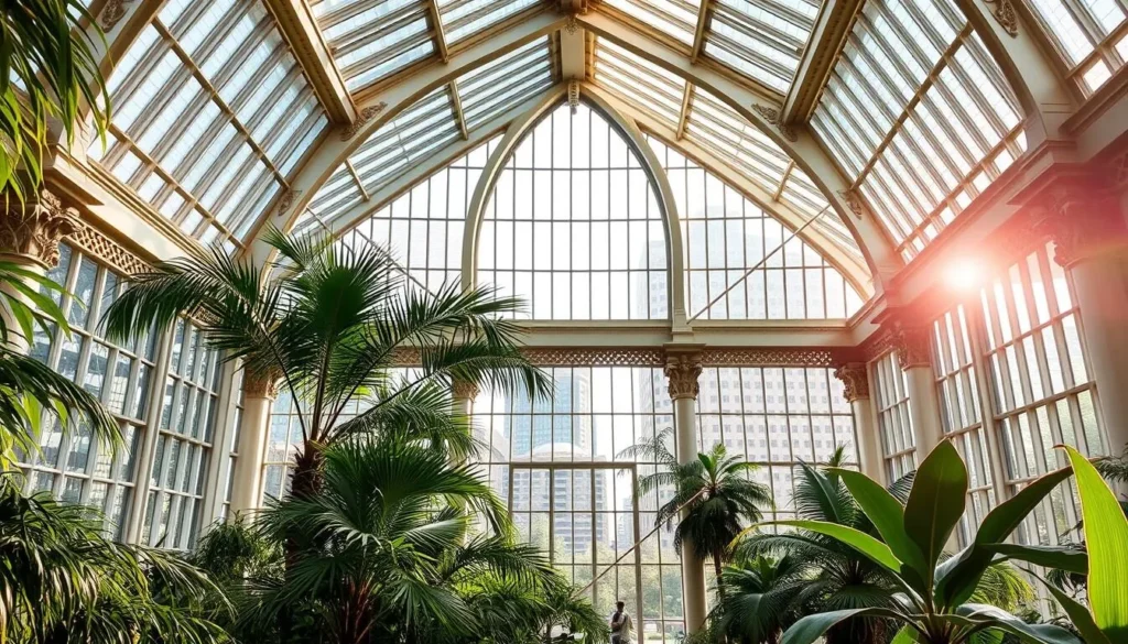 An image of the Garfield Park Conservatory's interior, showcasing its lush greenery and beautiful glass architecture.