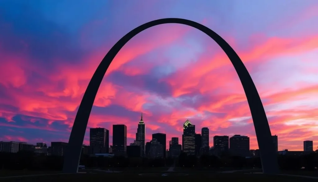 An image of the Gateway Arch at sunset with the city skyline in the background.