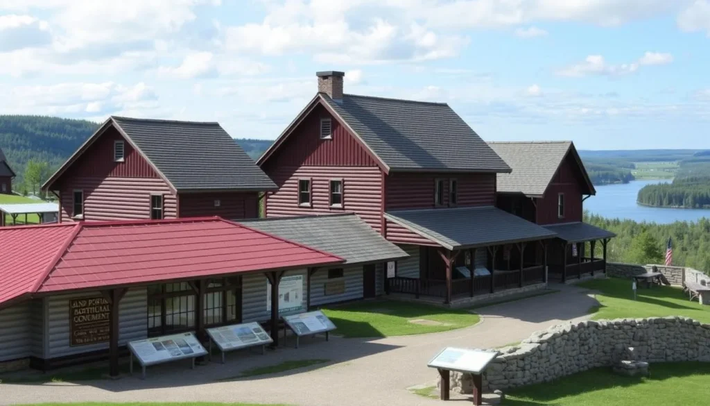 An image of the Grand Portage National Monument's reconstructed buildings and educational exhibits.