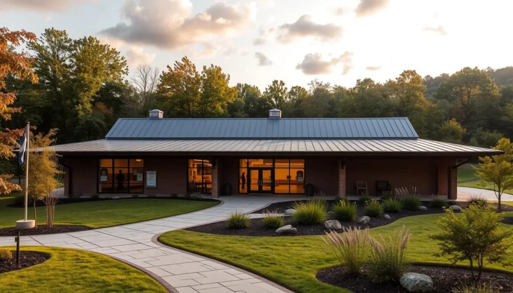 An image of the Harriet Tubman Underground Railroad Visitor Center, showcasing its modern architecture and serene surroundings.