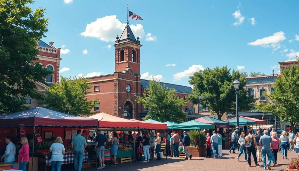 An image of the Historic Downtown Square, featuring the Fayetteville Farmers Market.