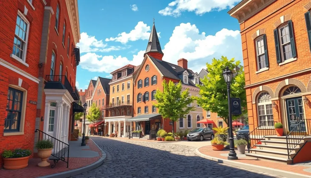 An image of the Historic Stockade District in Schenectady, showcasing its historic homes and cobblestone streets.