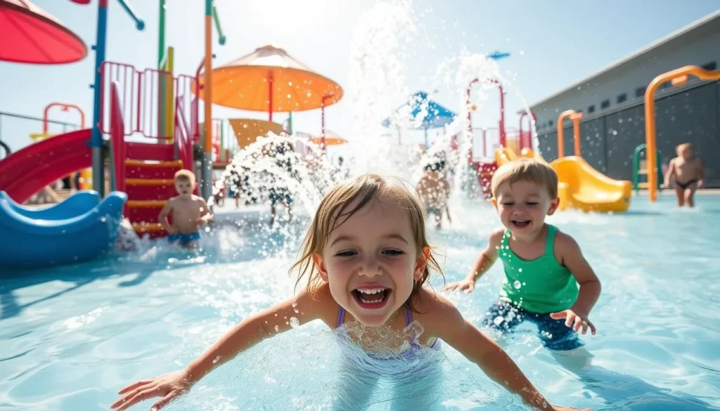 An image of the Holland Aquatic Center's interactive water playground with children playing.