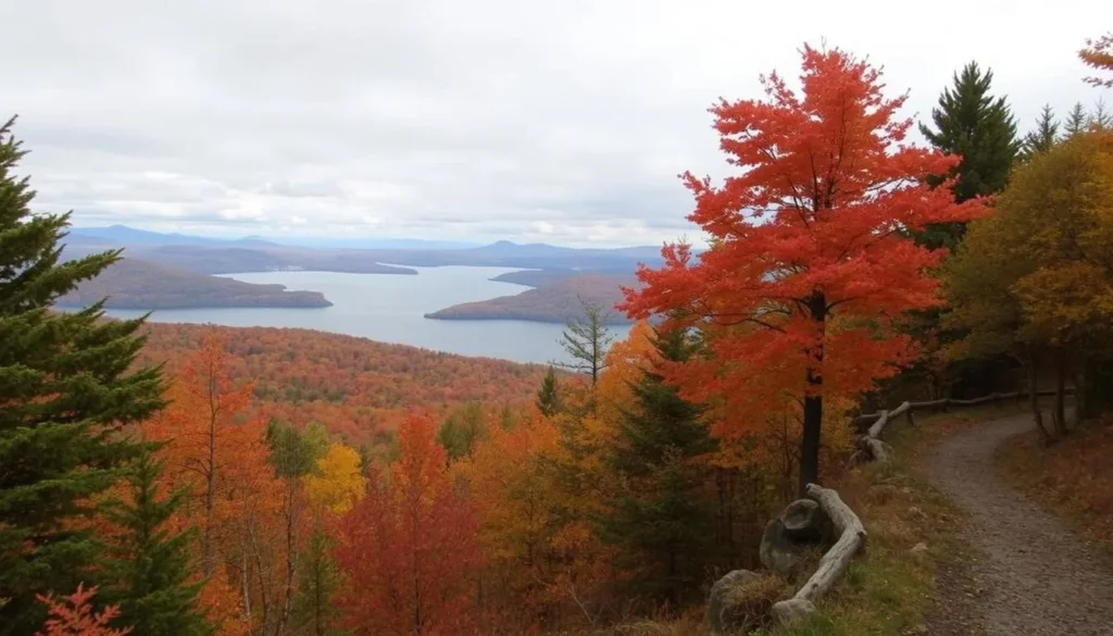 An image of the Indian Head trail overlooking the Ausable Lakes during fall foliage.