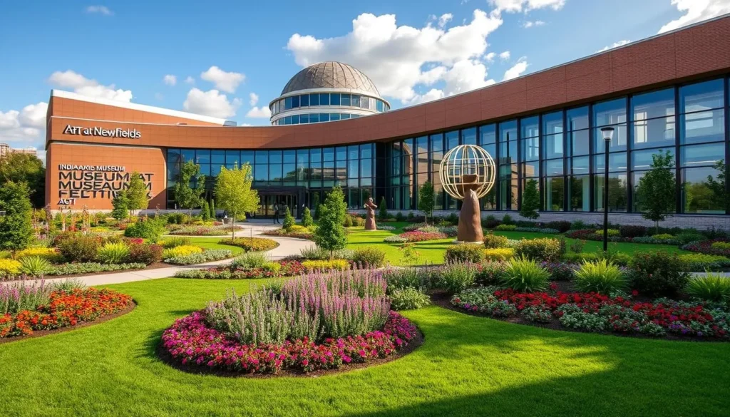 An image of the Indianapolis Museum of Art at Newfields with its gardens and art installations