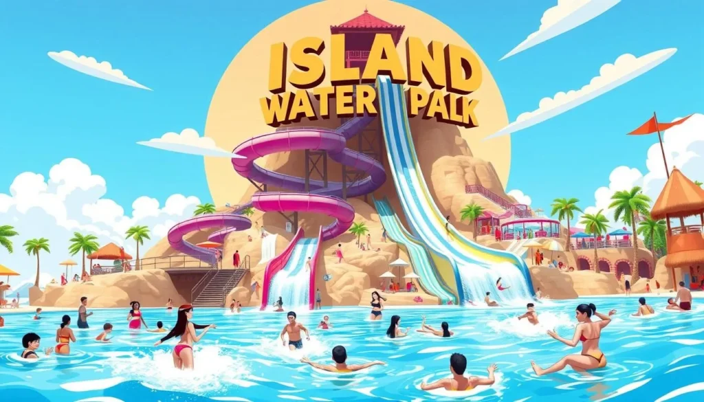 An image of the Island Waterpark with a large water slide and a wave pool.
