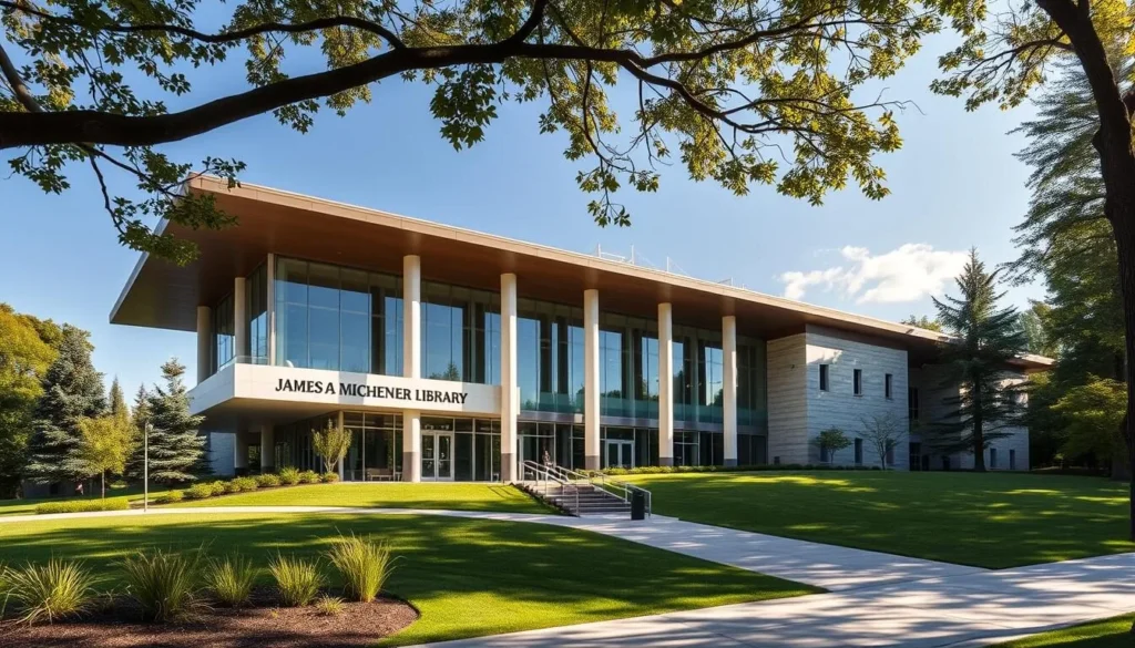 An image of the James A. Michener Library building, with its modern architecture and serene surroundings.