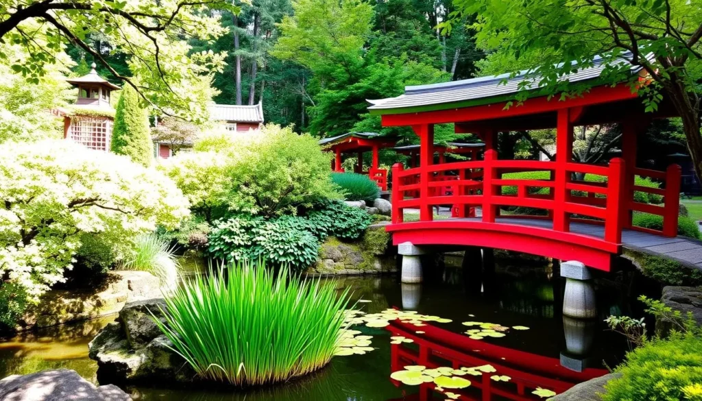 An image of the Japanese garden at Clyne Gardens with its bright red bridge