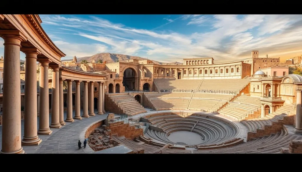An image of the Jerash Roman ruins, showcasing the colonnaded streets and the grand theater. An image of the Jerash Roman ruins, showcasing the colonnaded streets and the grand theater.