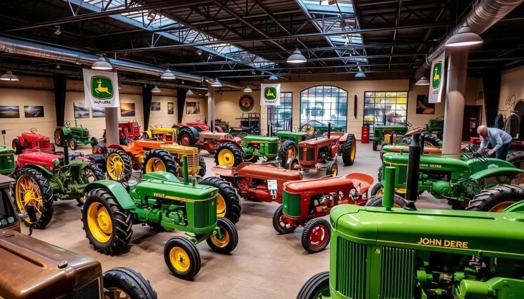 An image of the John Deere Museum, featuring a collection of historic tractors and farming equipment.