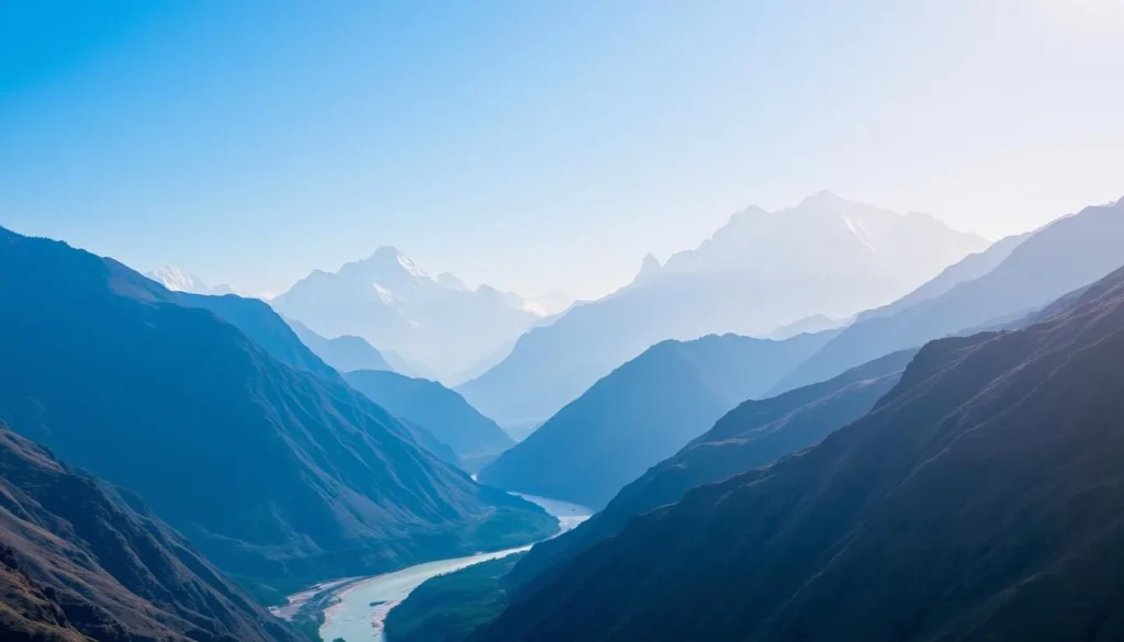 An image of the Kali Gandaki Gorge with the Annapurna and Dhaulagiri mountains in the background.