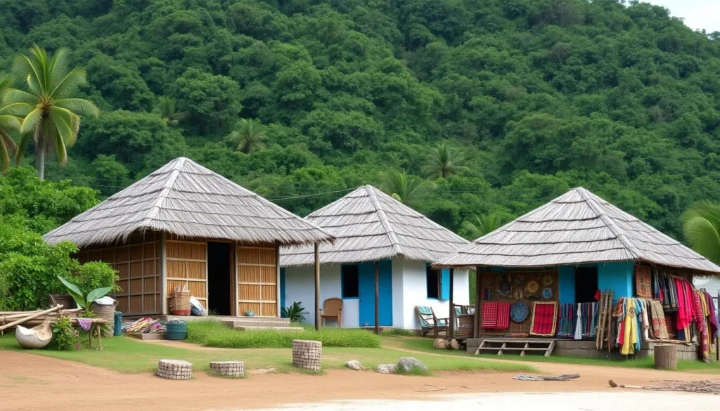 An image of the Kalinago Territory, showcasing traditional Carib houses and crafts.