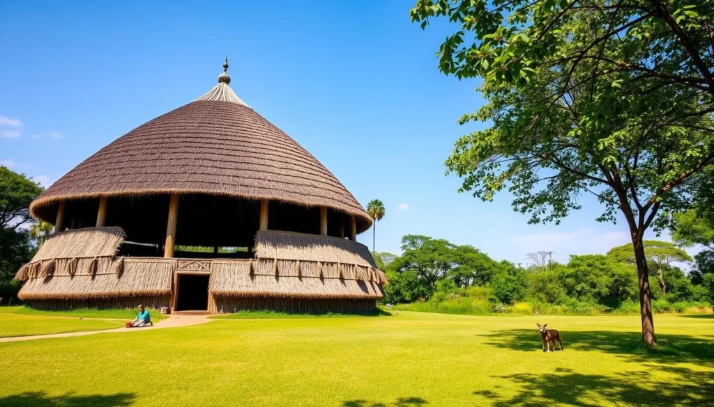 An image of the Kasubi Tombs, a large circular building with beautifully-shaped thatch and reed architecture.
