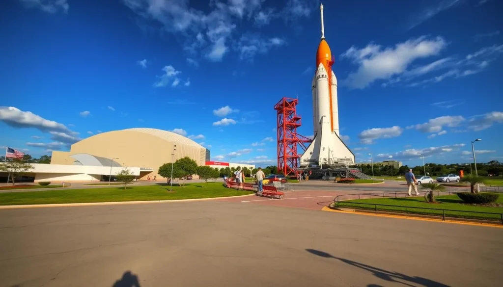An image of the Kennedy Space Center Visitor Complex, showcasing its iconic Saturn V rocket display.